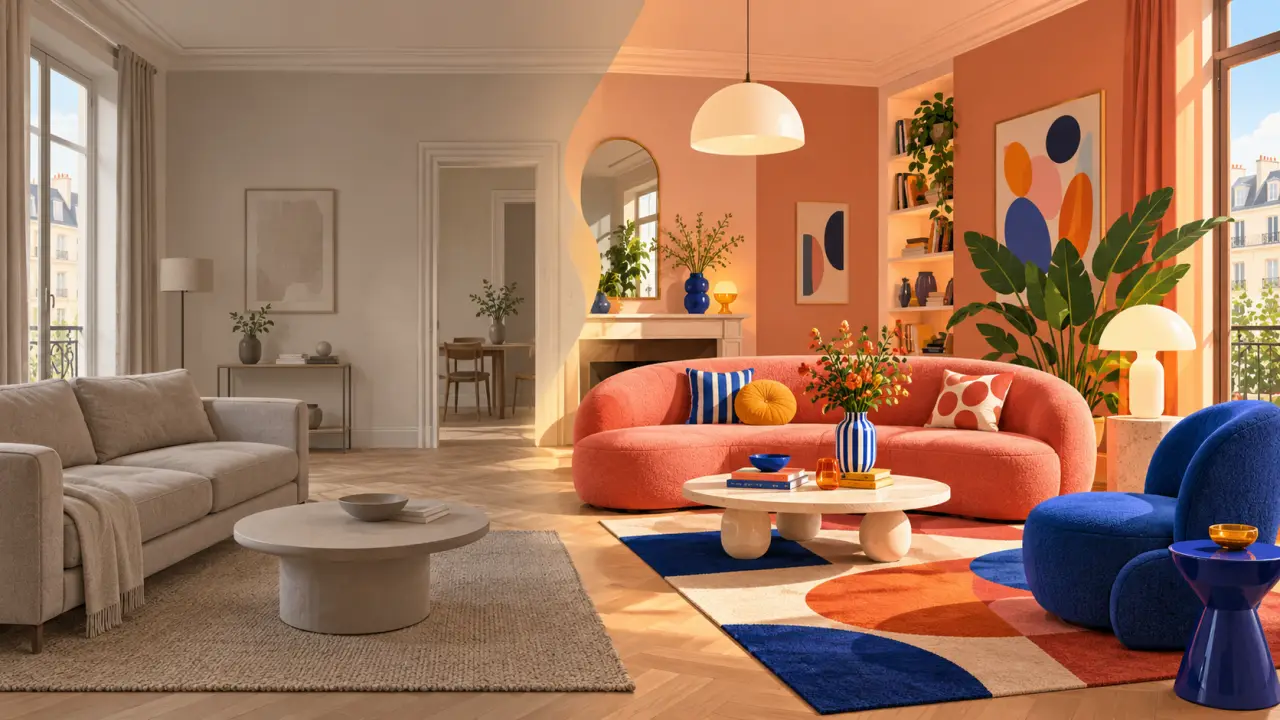 Salon transformé avec une décoration pop, des couleurs vives et des objets design
