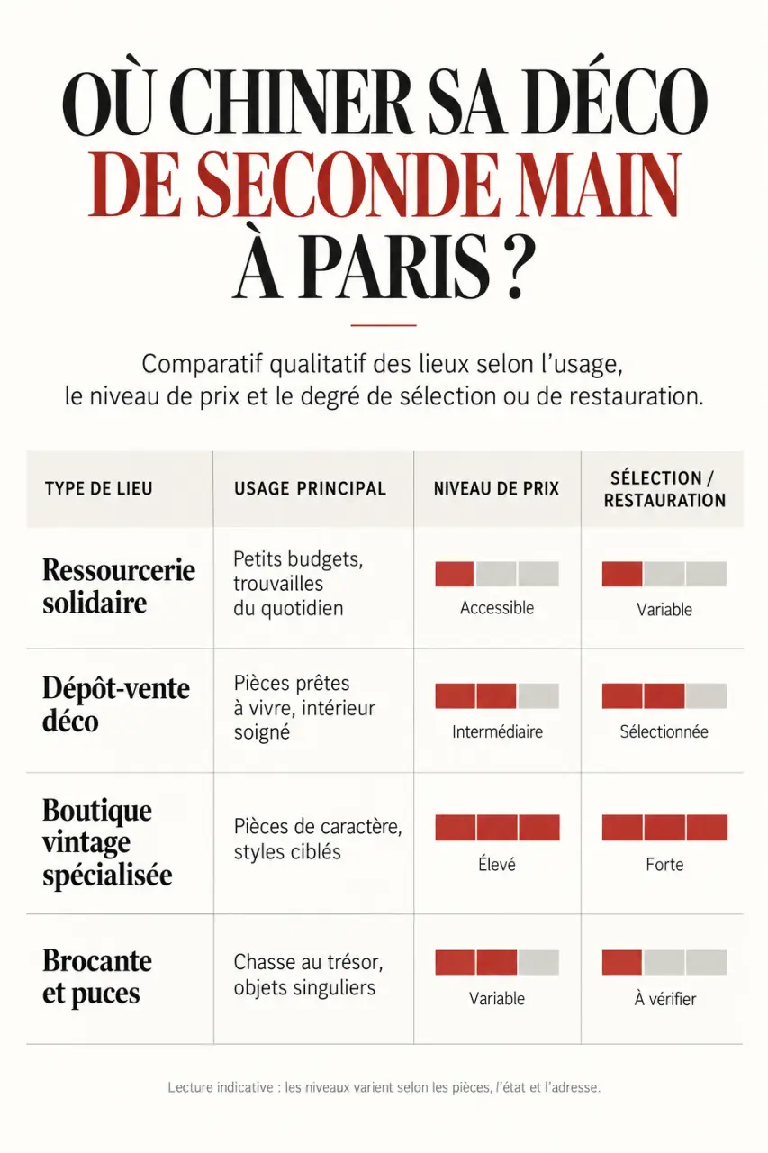 Graphique comparatif pour choisir une adresse de deco seconde main paris selon le budget et le type de pièce