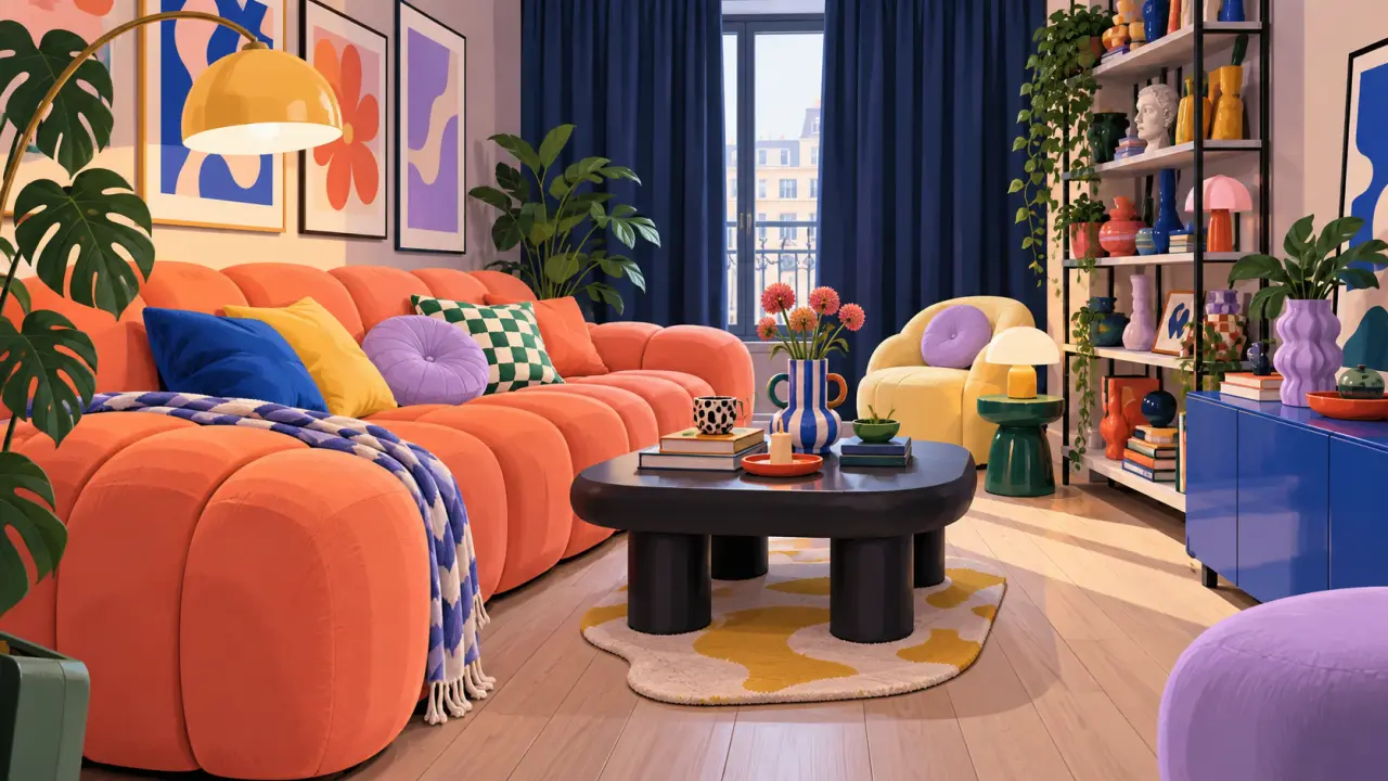 Salon moderne à la décoration pop avec des couleurs vives et des formes géométriques