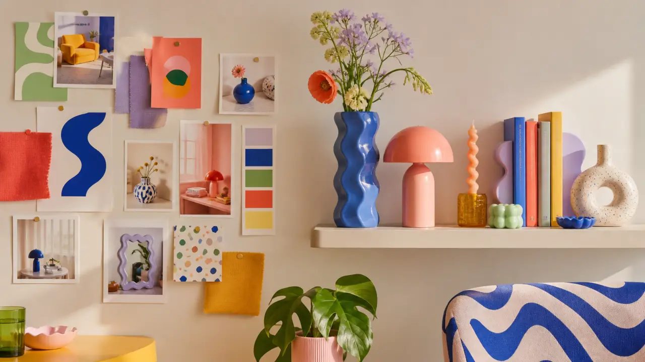 Coin déco pop inspiré du style Memphis, objets colorés et formes géométriques