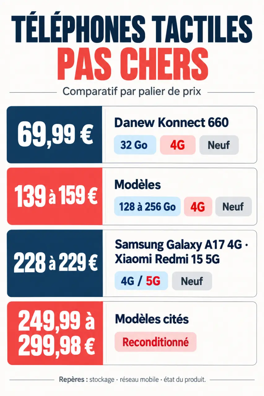 Infographie comparative des téléphones tactiles pas chers par prix, stockage, réseau 4G ou 5G et état neuf ou reconditionné