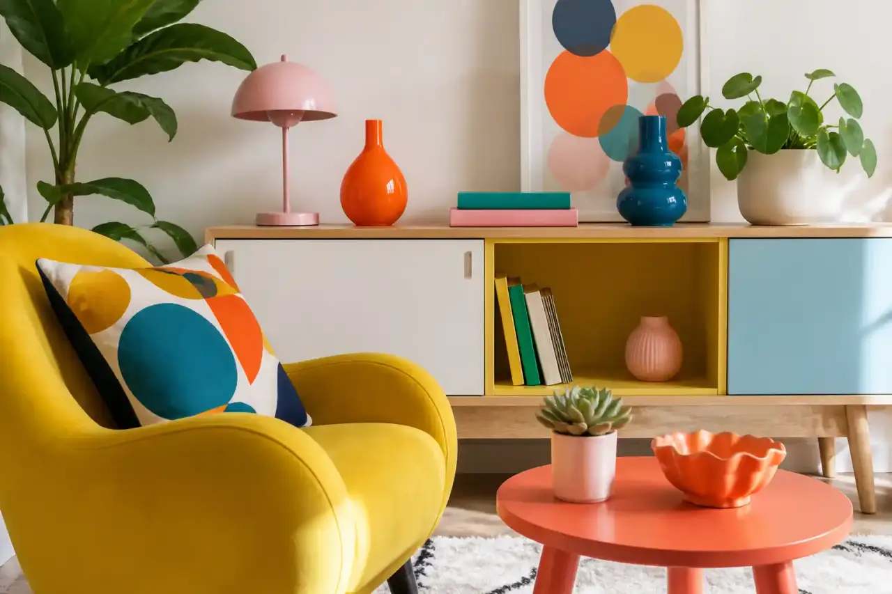 Composition déco pop colorée avec objets design, formes Memphis et accessoires à petit prix