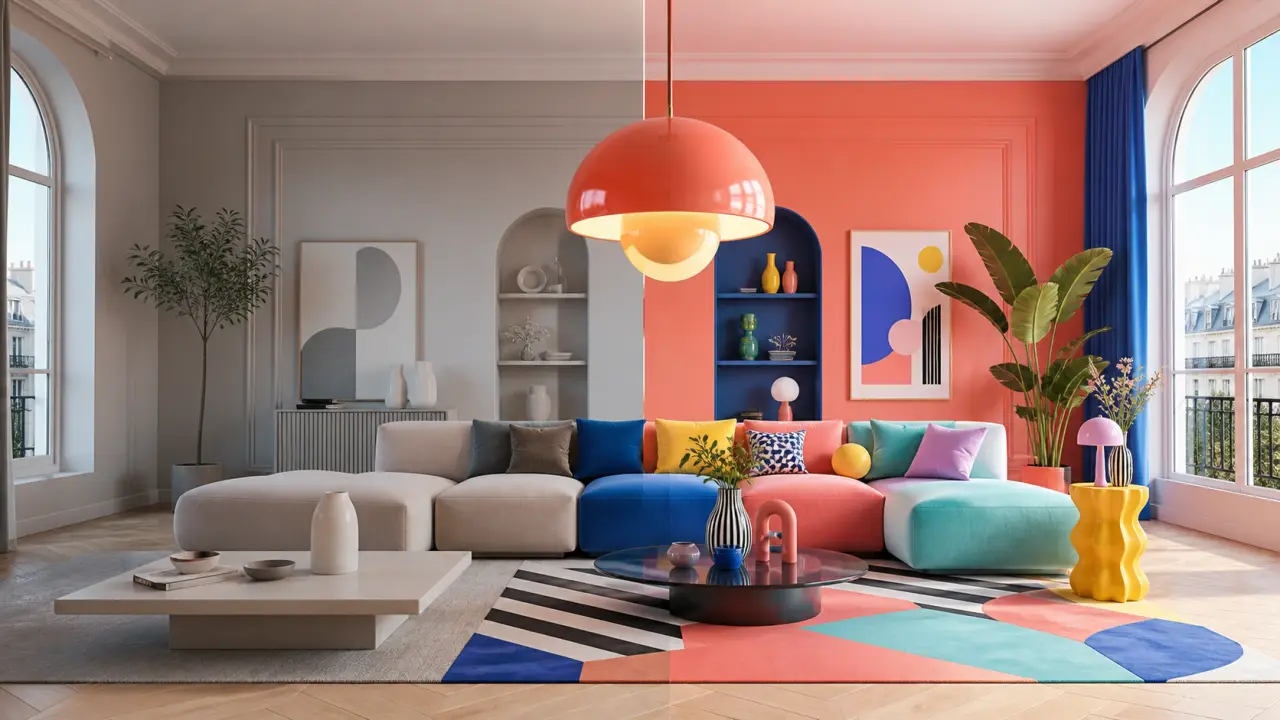 Avant/après d’un salon pop sublimé par un luminaire design