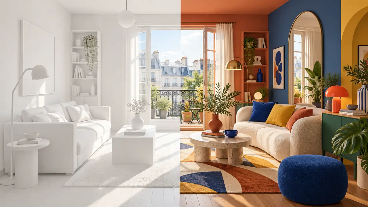 Intérieur contemporain coloré où le blanc est associé à des teintes vives et à des objets déco graphiques