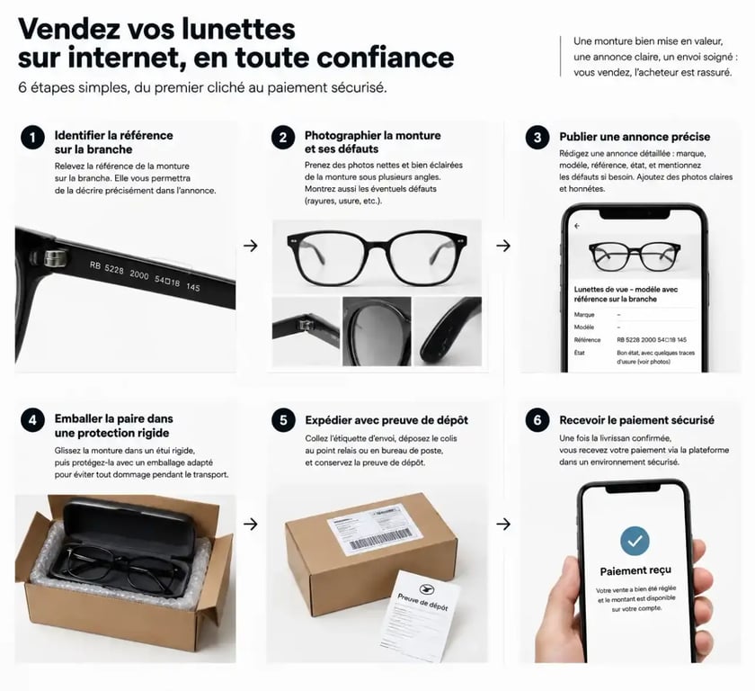 Étapes pour vendre des lunettes sur internet, de l'annonce à l'expédition