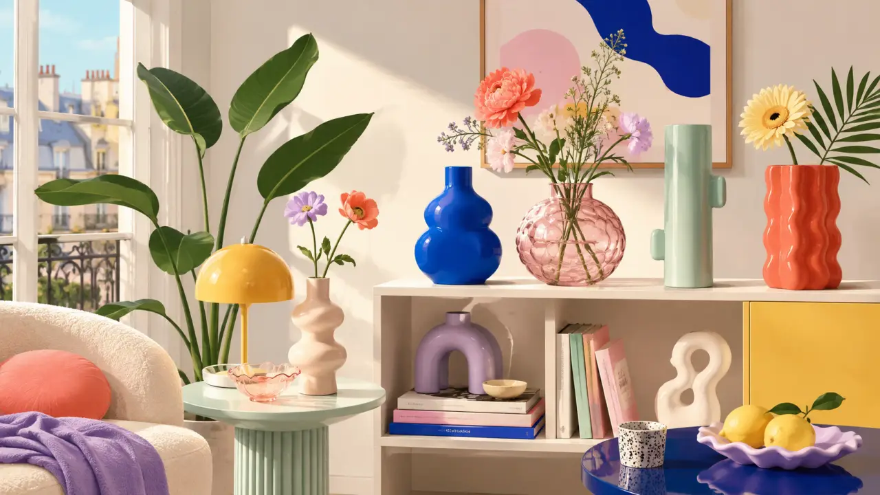 Composition pop design autour d'un vase coloré, dans un esprit Memphis joyeux et moderne