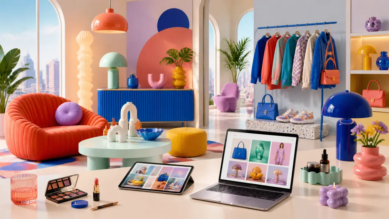 Composition Memphis design années 80 avec objets lifestyle modernes, couleurs vives et formes géométriques