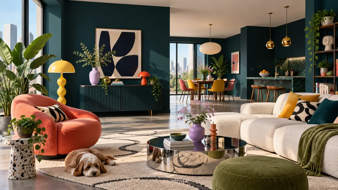 Salon contemporain décoré avec un mur peint dans une teinte sombre