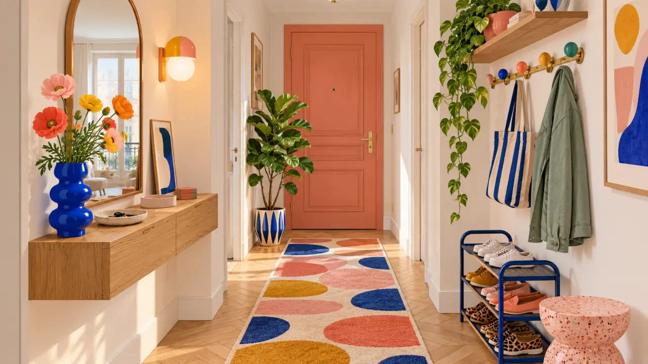 Entrée étroite rénovée avec des couleurs pop, un miroir et des rangements muraux