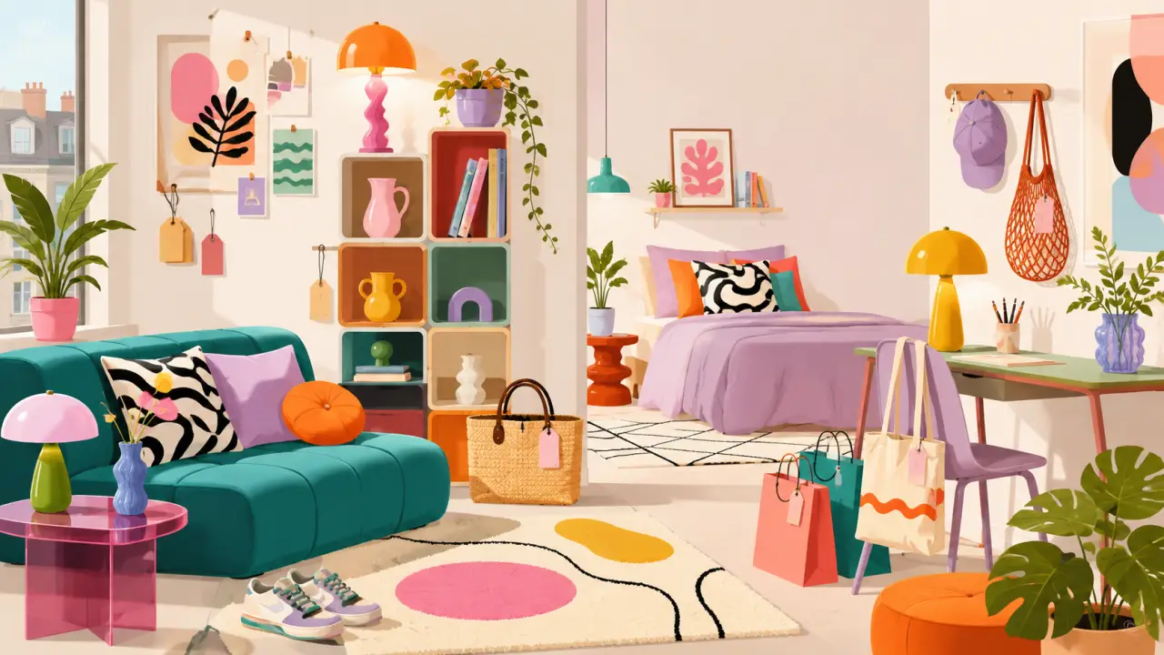 Ambiance Memphis colorée pour un studio pop décoré avec des accessoires design