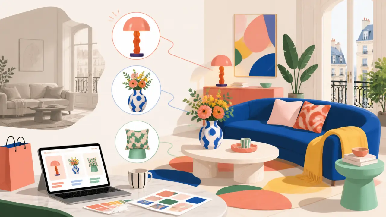 Salon pop et coloré inspiré du style Memphis, avec objets déco modernes