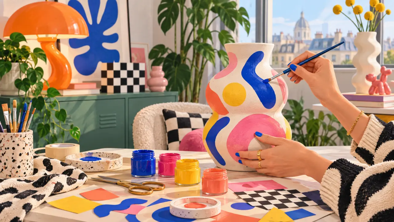 Vase relooké avec des couleurs pop et des motifs graphiques