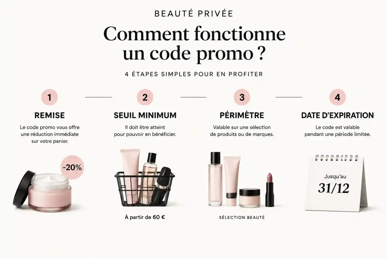Les quatre informations à vérifier avant d'utiliser un code promo Beauté Privée : remise, seuil, périmètre et date d'expiration