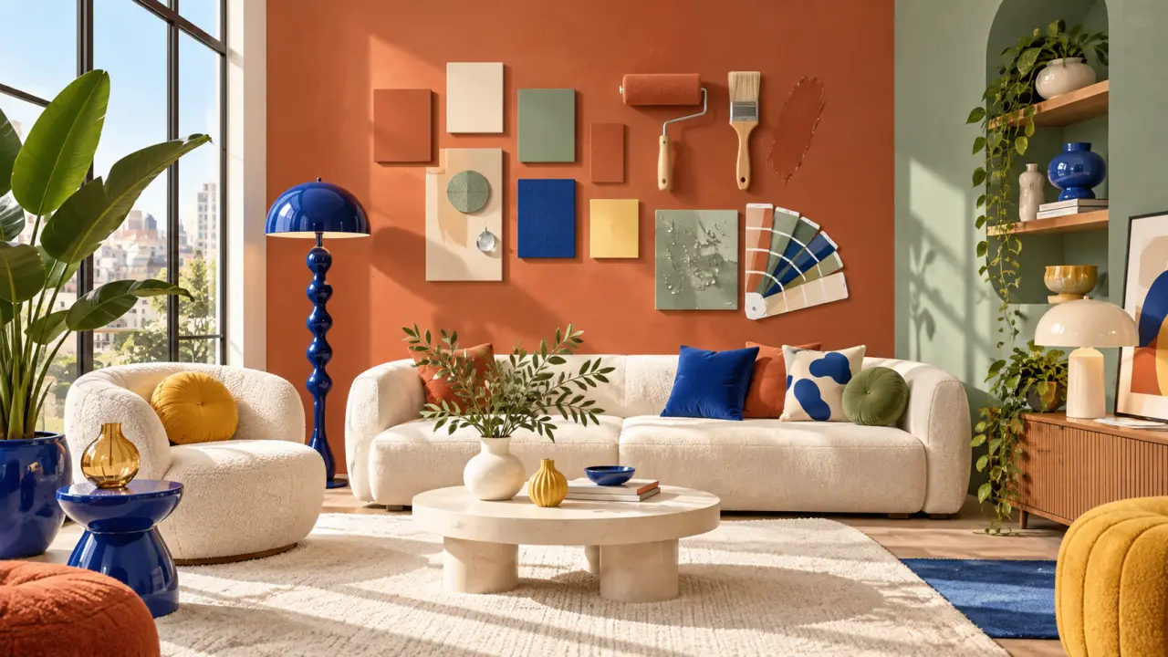 Mur intérieur coloré peint avec une finition mate, décoré d'objets design