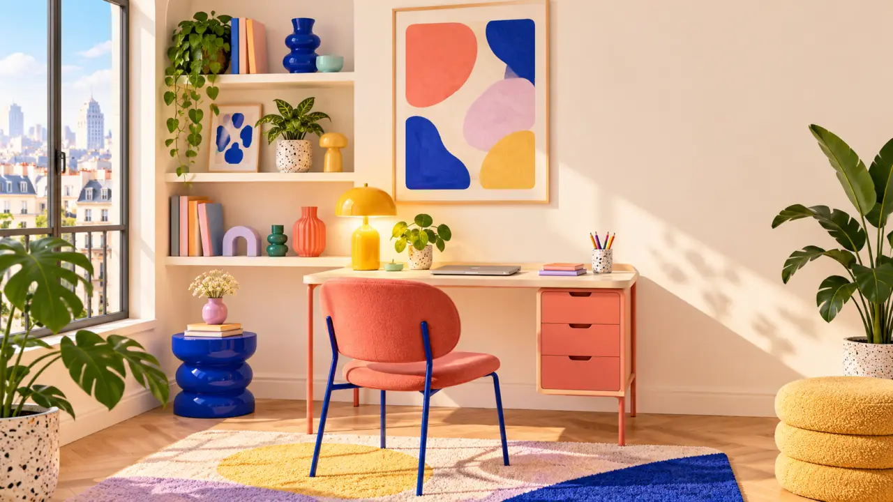Coin bureau pop avec mobilier coloré, accessoires design et éclairage graphique