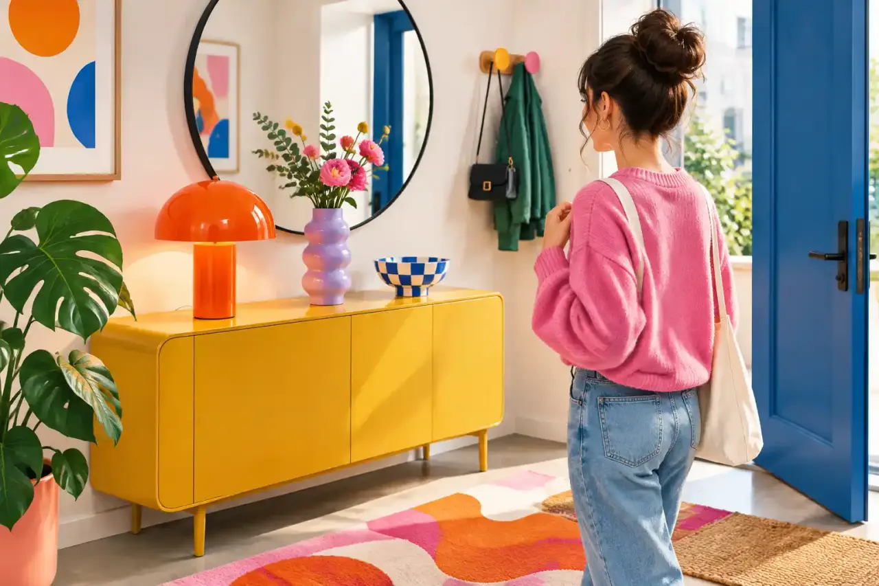 Entrée colorée décorée avec trois objets pop et design