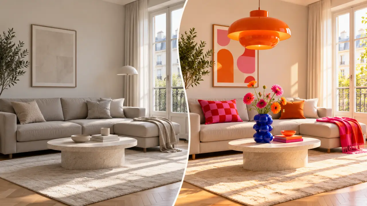 Salon moderne transformé par des détails déco colorés et graphiques
