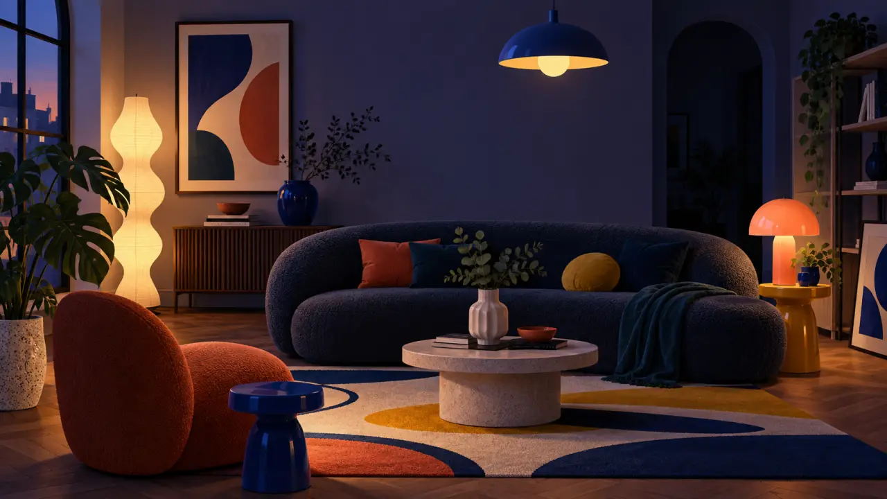 Salon contemporain coloré avec plusieurs sources de lumière et une décoration pop