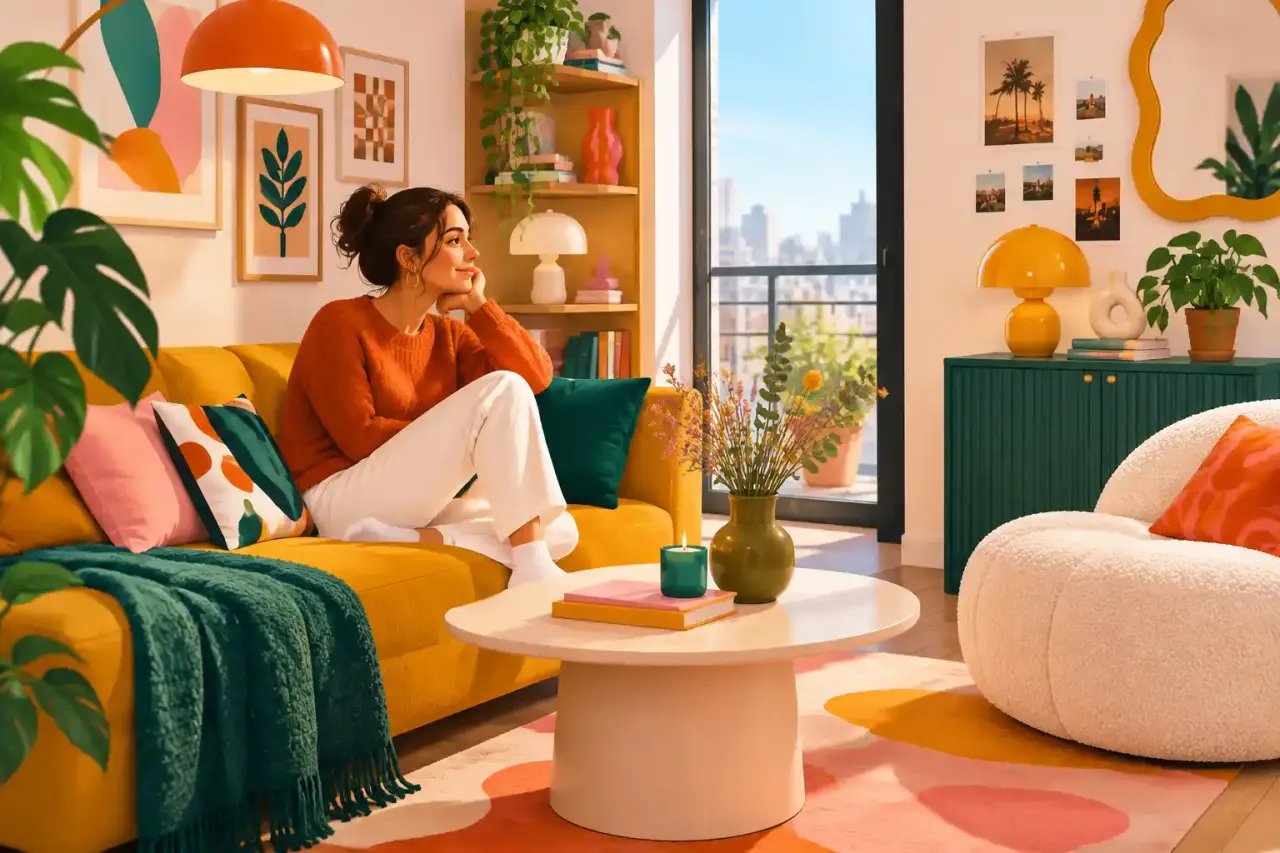 Petit intérieur contemporain décoré avec des couleurs chaudes et des objets design