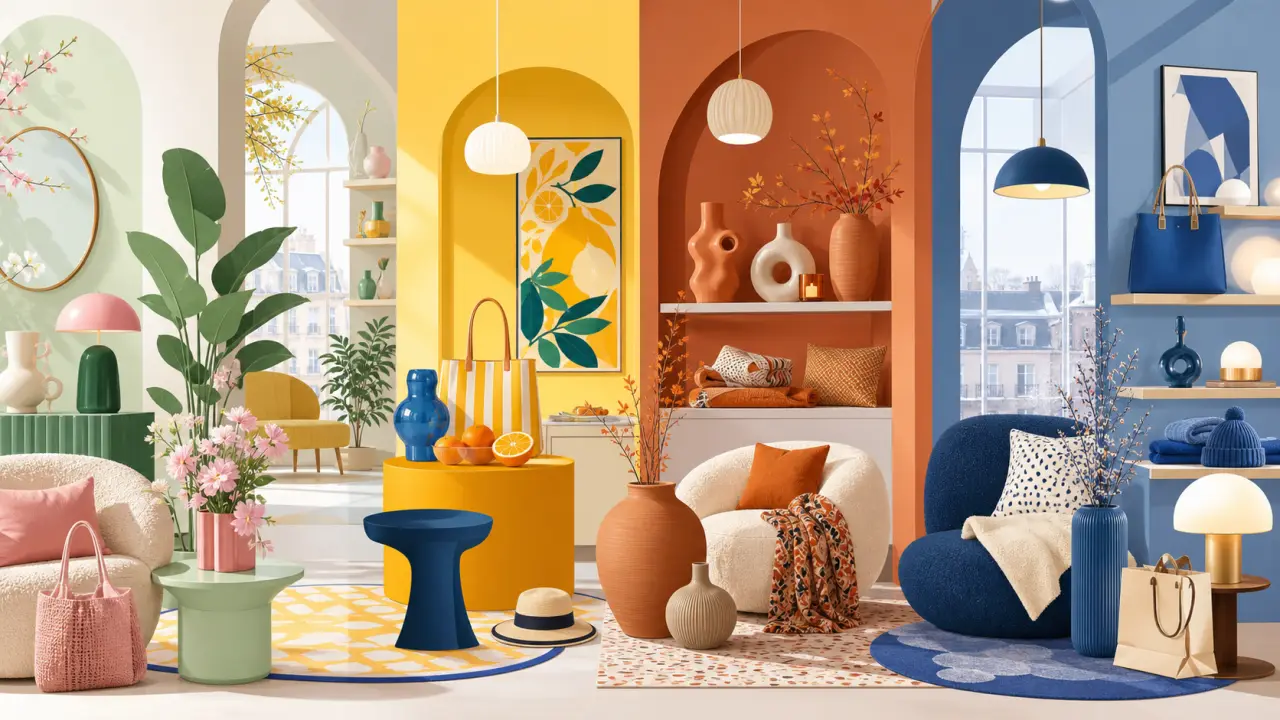 Composition Memphis colorée d’objets déco et lifestyle modernes