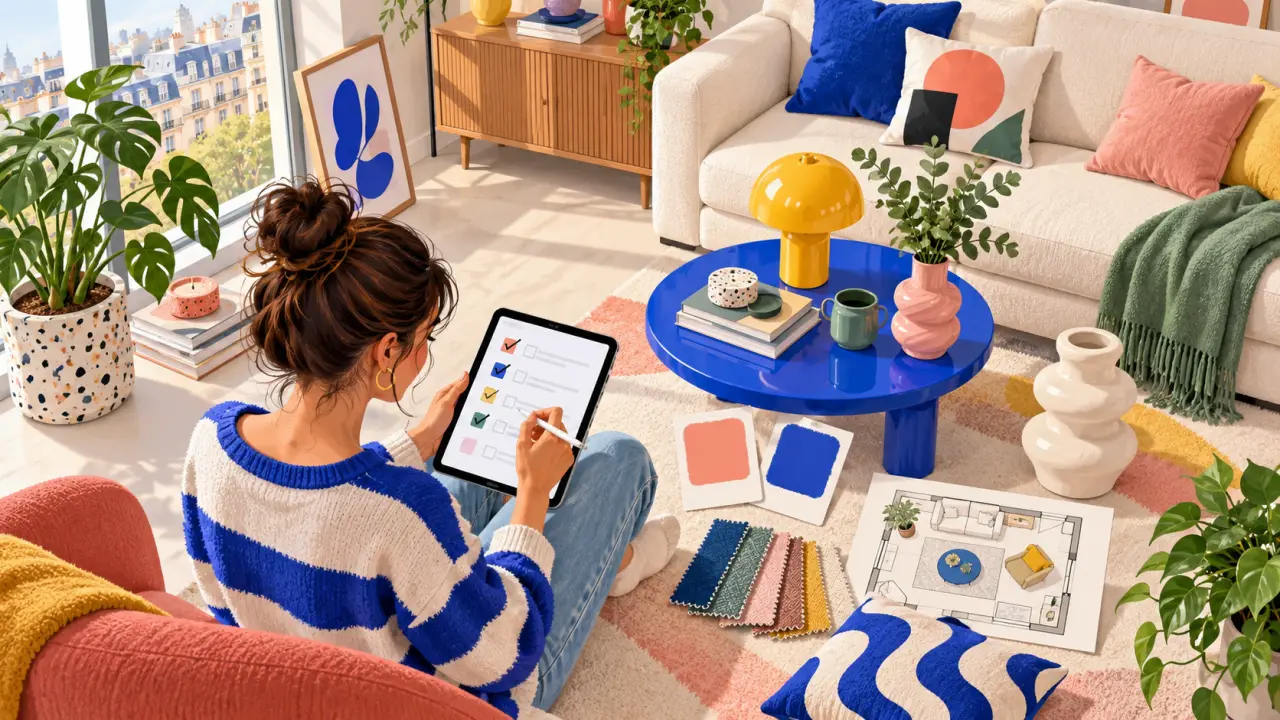 Intérieur coloré et contemporain avec objets déco pop et mobilier design