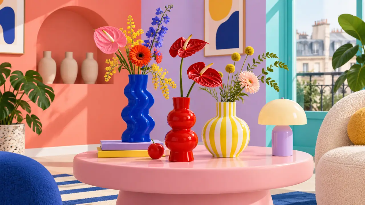 Vase design coloré dans un intérieur pop et contemporain