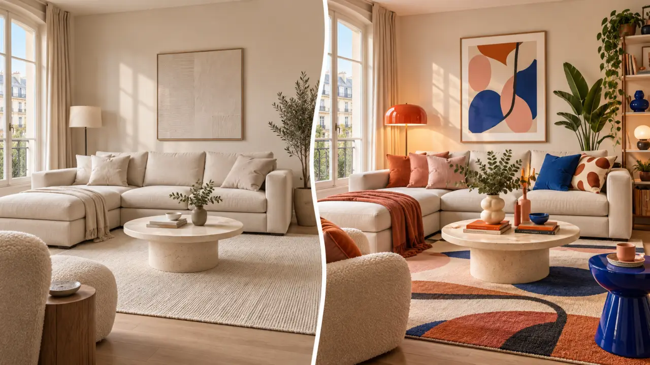 Salon beige métamorphosé avec des accessoires colorés et un éclairage design